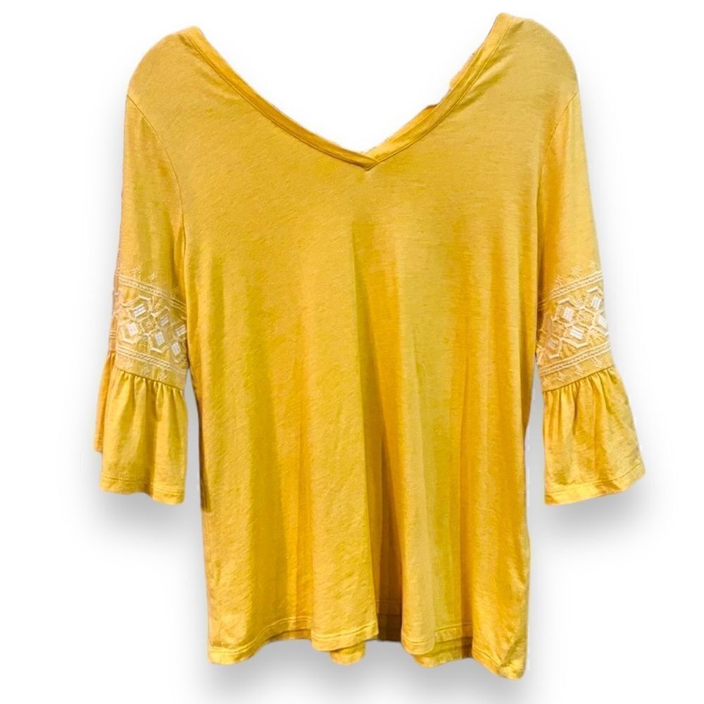 J. Jill V-neck Blouse Women’s Sz Small-Large Yellow Flutter Sleeves Embroidered